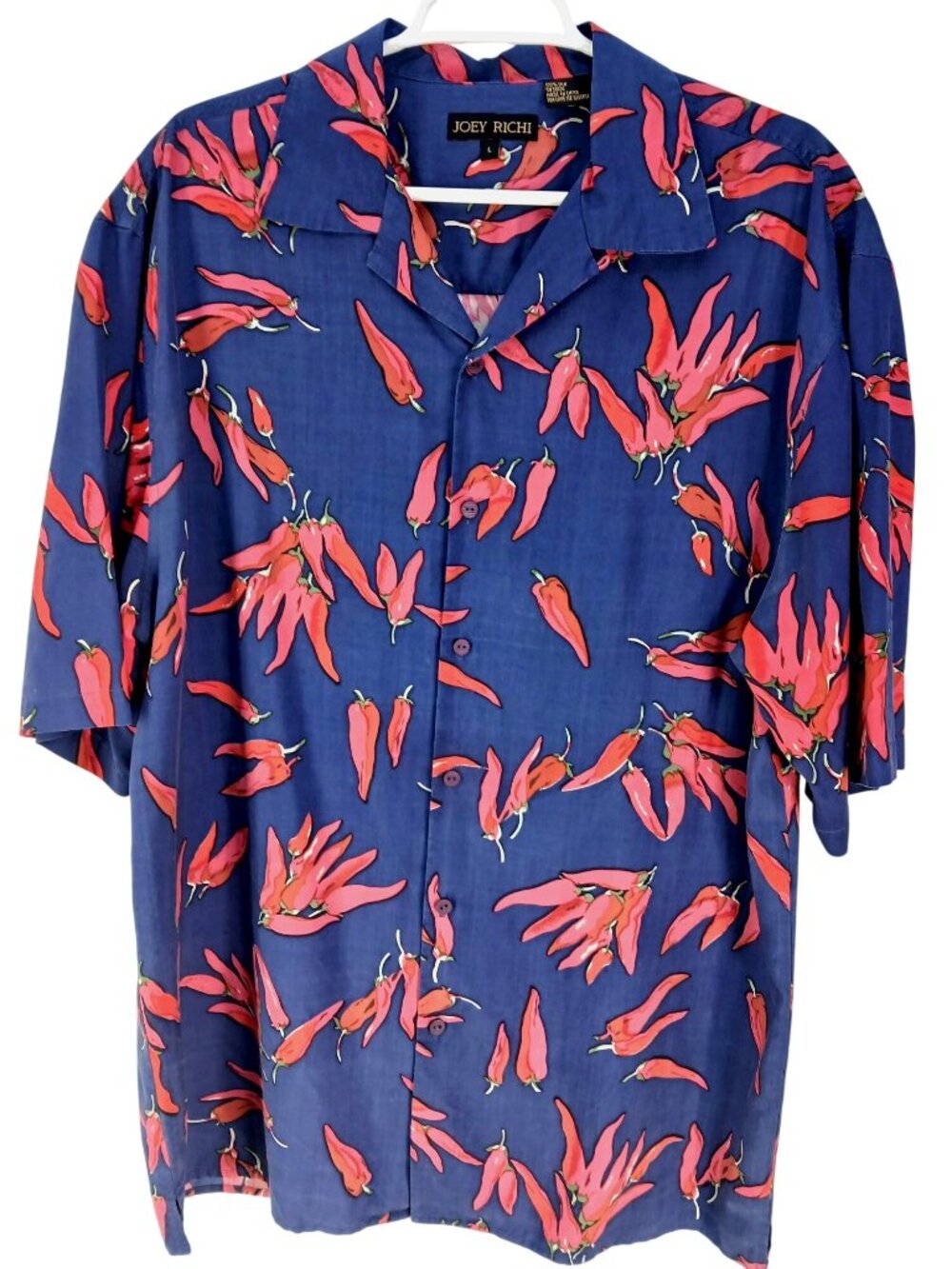 Vintage Joey Richi Mens Silk Chili Pepper Print Button Up Shirt Size L Blue Red - Picture 14 of 14